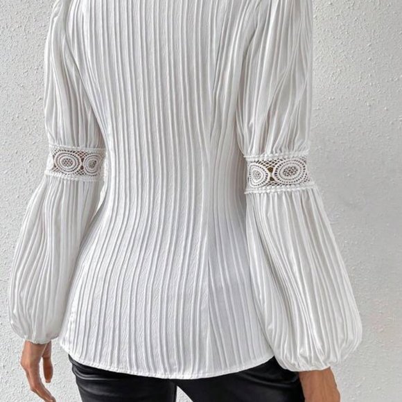 White Lace Button Up Lantern Sleeve Long Blouse - Picture 3 of 4